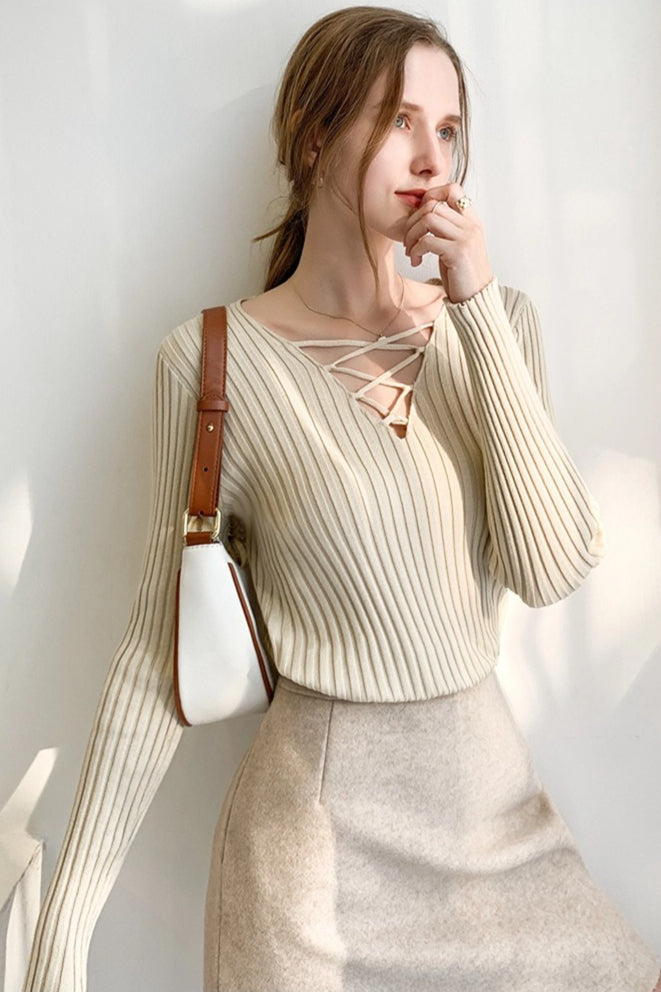 Slim Lace Up V Neck Sweater