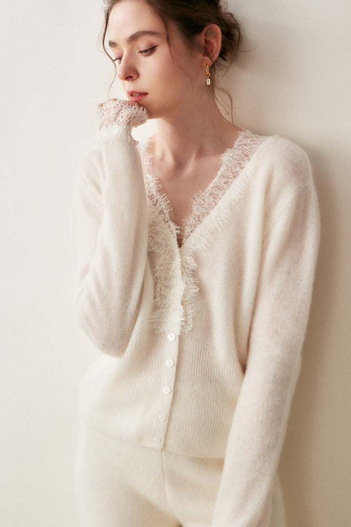 Cashmere Lace-Edge V-Neck Knit Cardigan