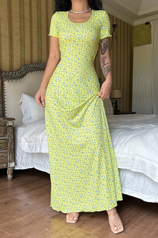 Short Sleeve Round Neck Back Strap Floral Dress