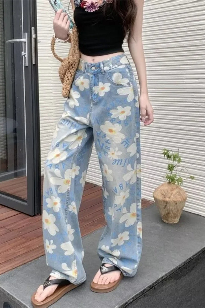Washed Floral Print Baggy Jean