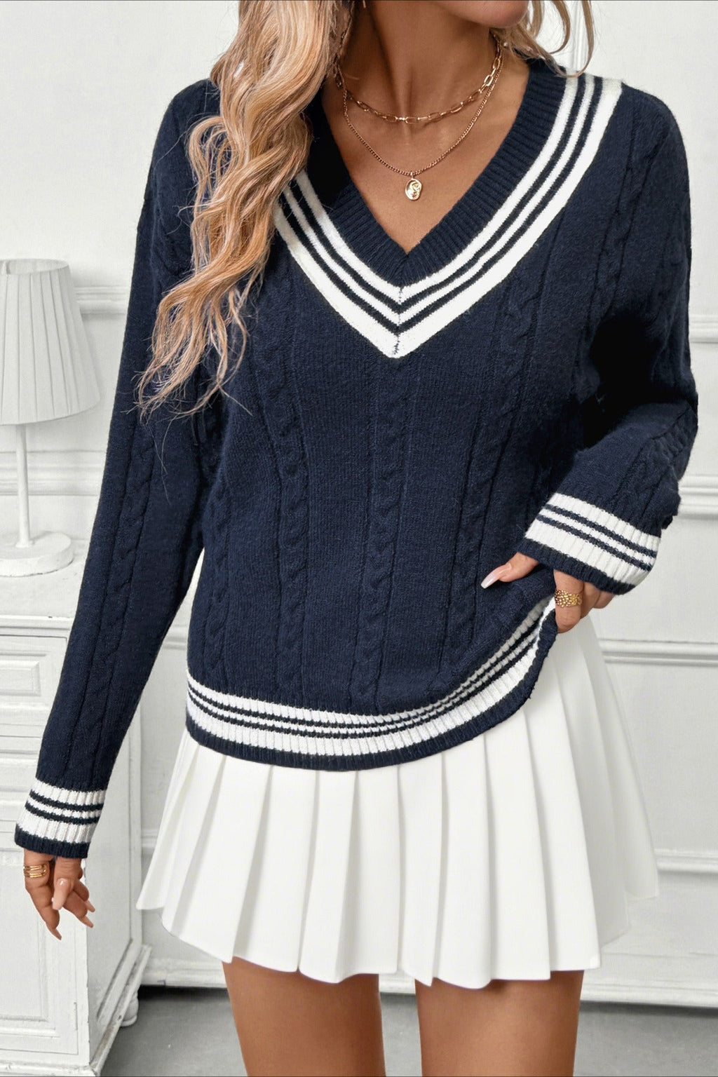 Contrast Cable Knit V Neck Sweater
