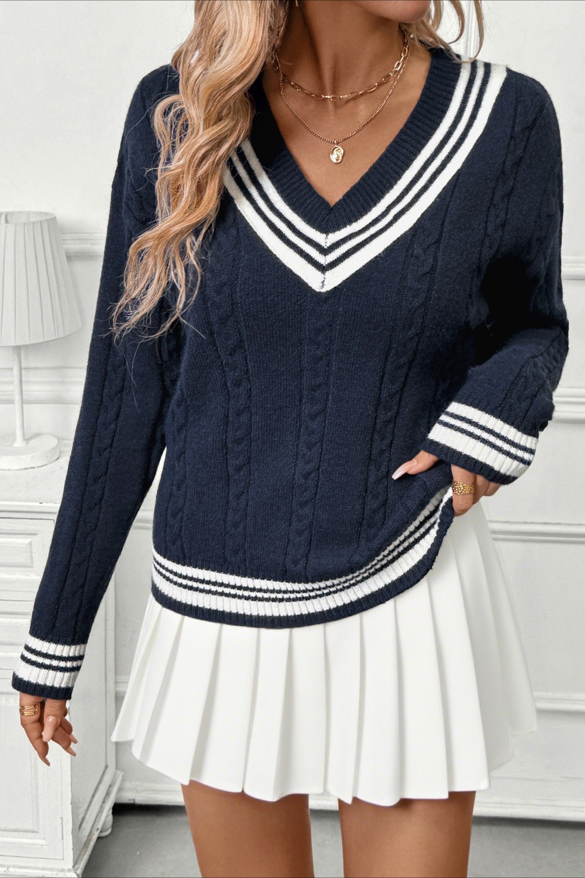 Contrast Cable Knit V Neck Sweater