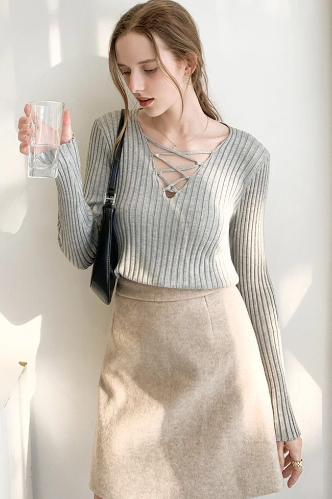 Slim Lace Up V Neck Sweater