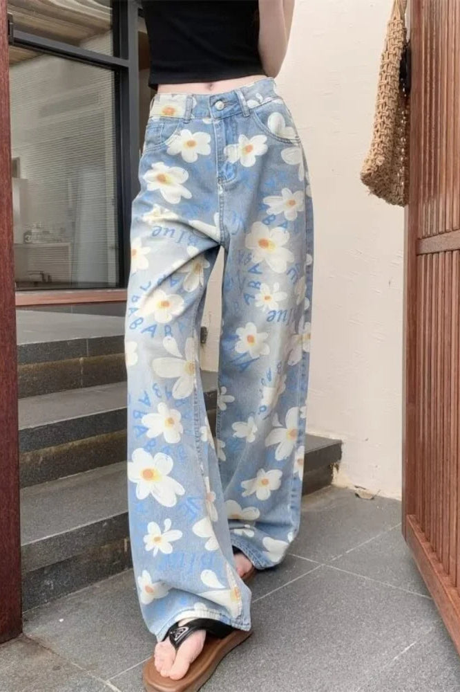Washed Floral Print Baggy Jean