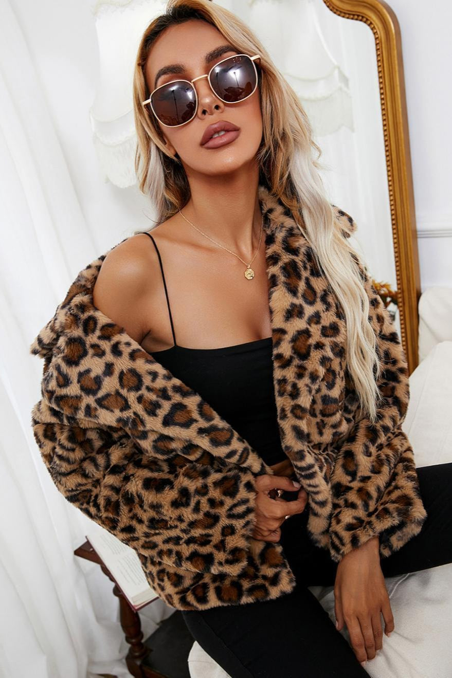 Fleece Leopard Zebra Print Notch Coat