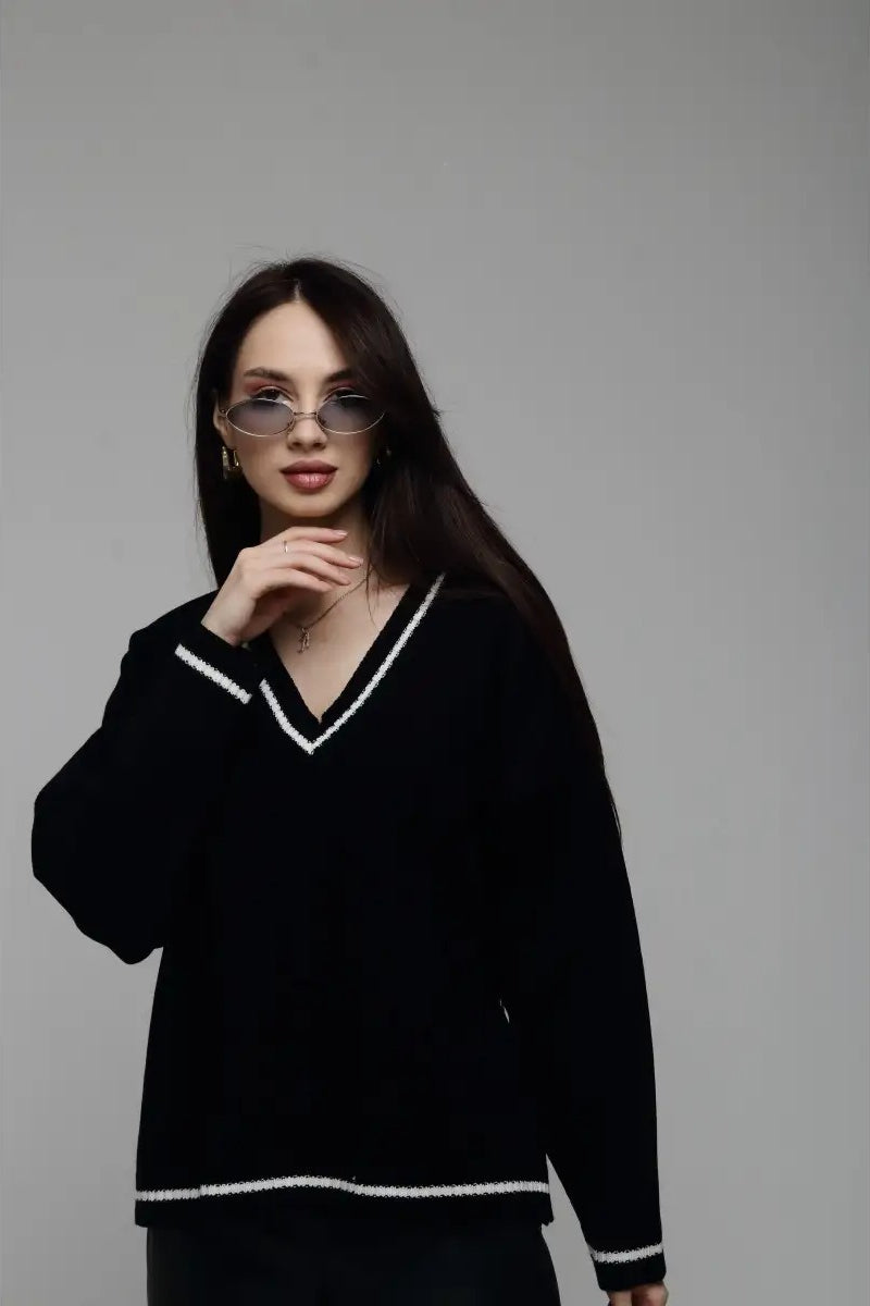 Plain Knit V Neck Sweater