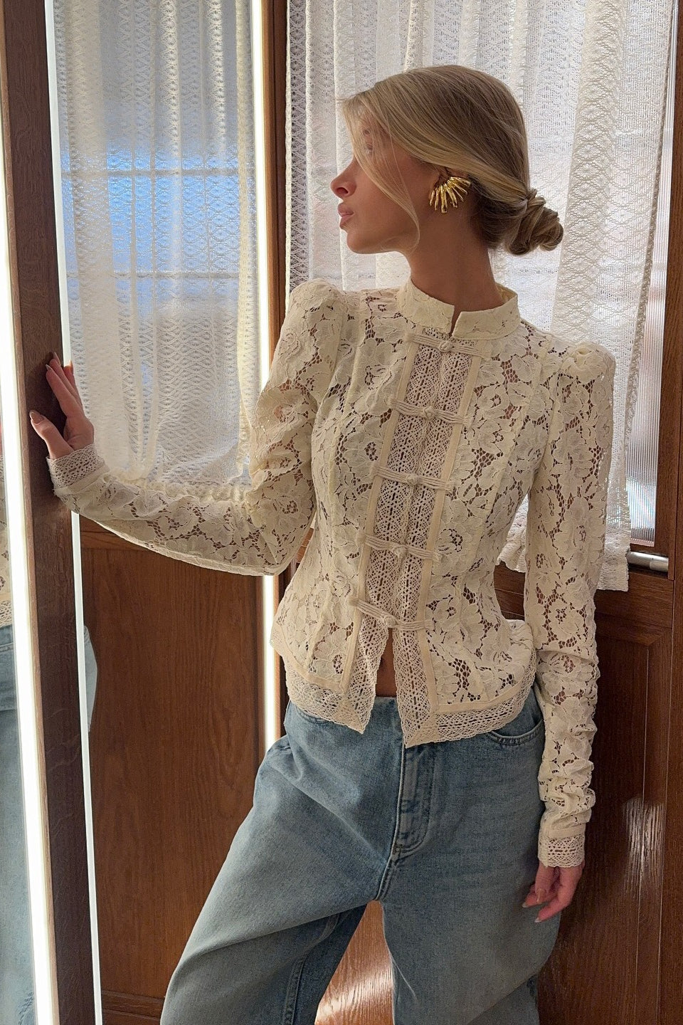 Soft High-Collar Lace Cutout Cardigan