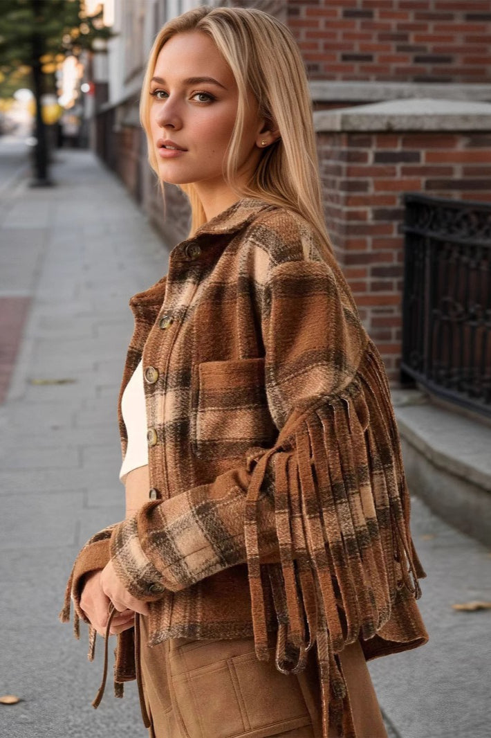 Checked Side-Fringe Wool Short Coat