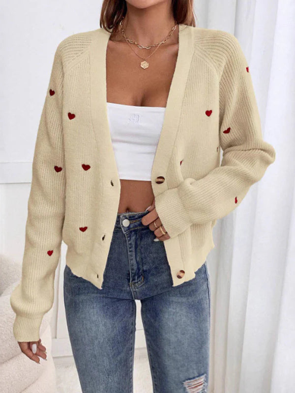Heart Stitch V-Neck Knit Cardigan