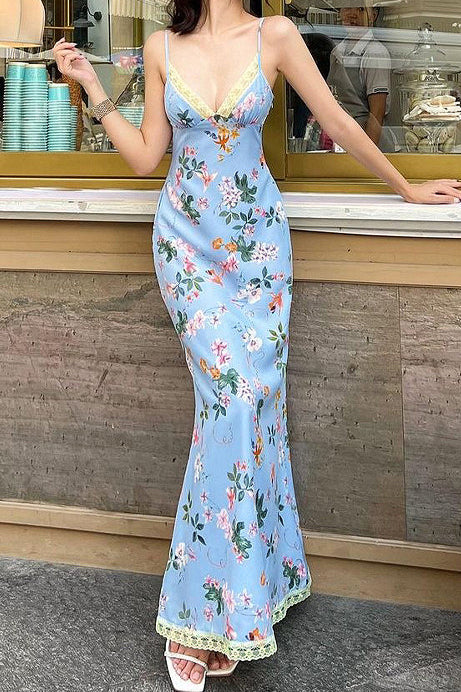 Strap Lace Backless Ruffle Floral Dress