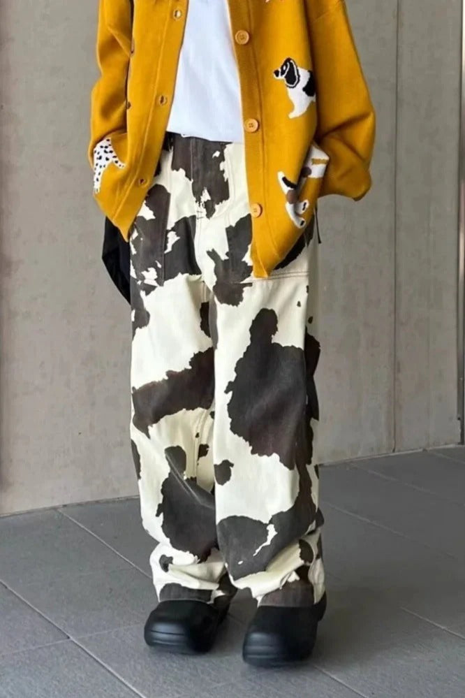 Baggy Cow Pattern Wide Leg Jean
