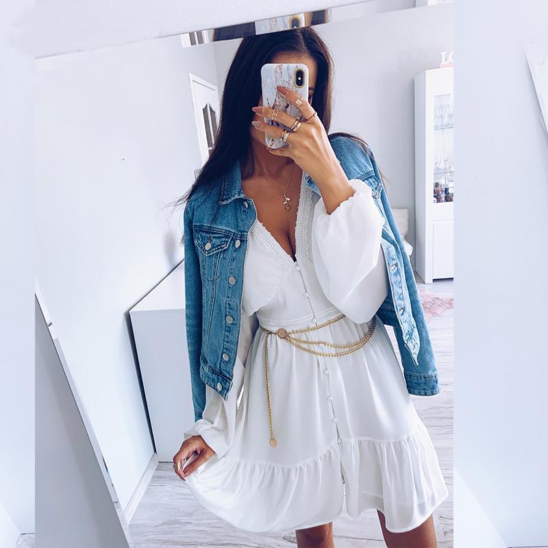 Lace Long Sleeve V Neck Spring Party Mini Dress