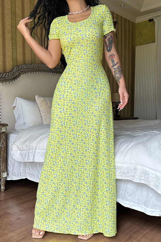Short Sleeve Round Neck Back Strap Floral Dress