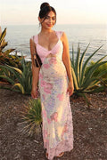 Flower Print Lace Backless Floral Dress