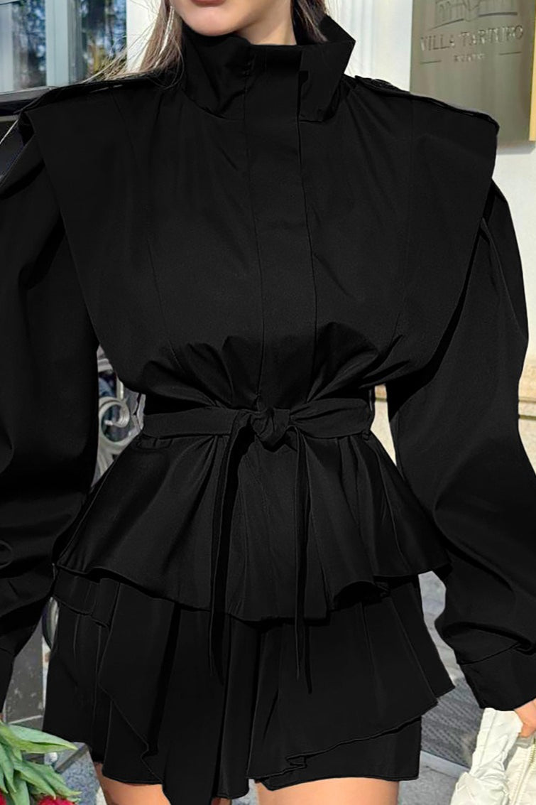 Tie-Waist Collared Long Sleeve Loose Trench Coat
