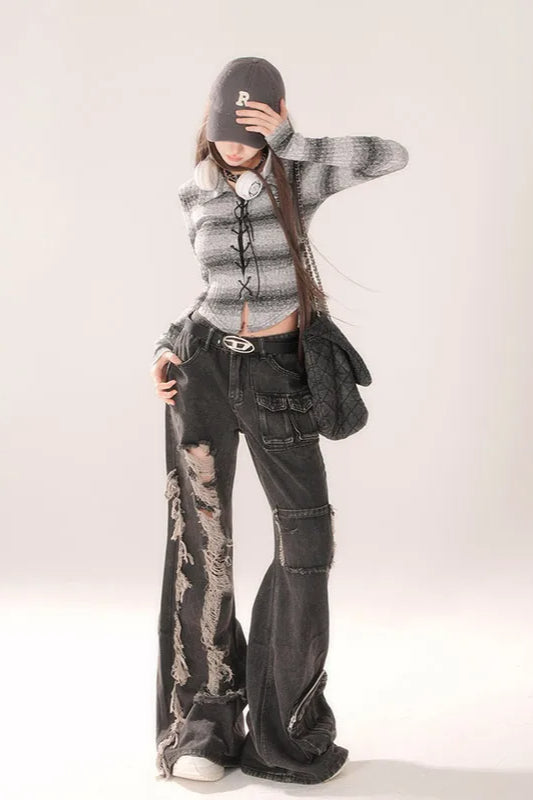 High Waist Ripped Wide Leg Jean