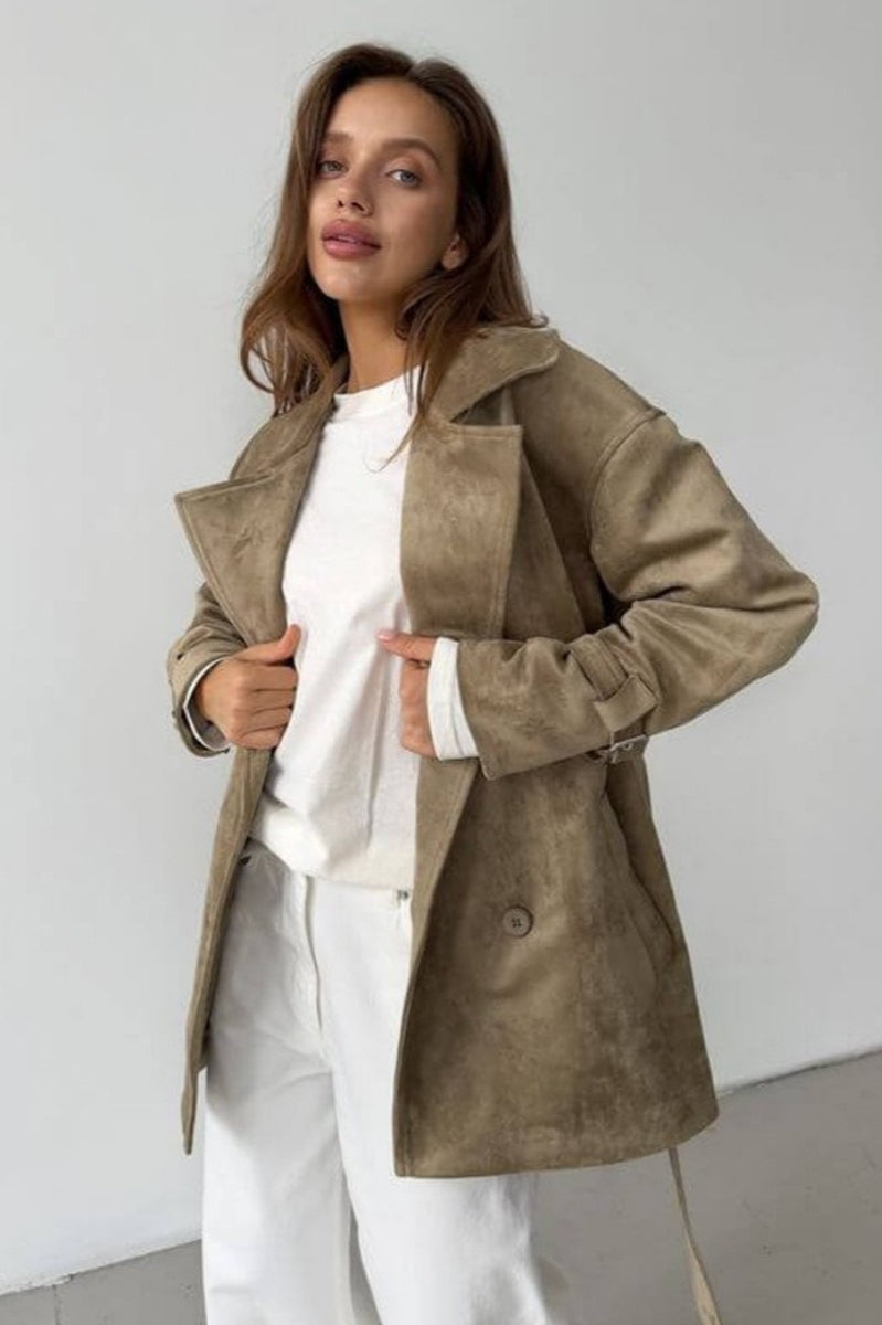 Retro Suede Lapel Tie Waist Jacket Coat