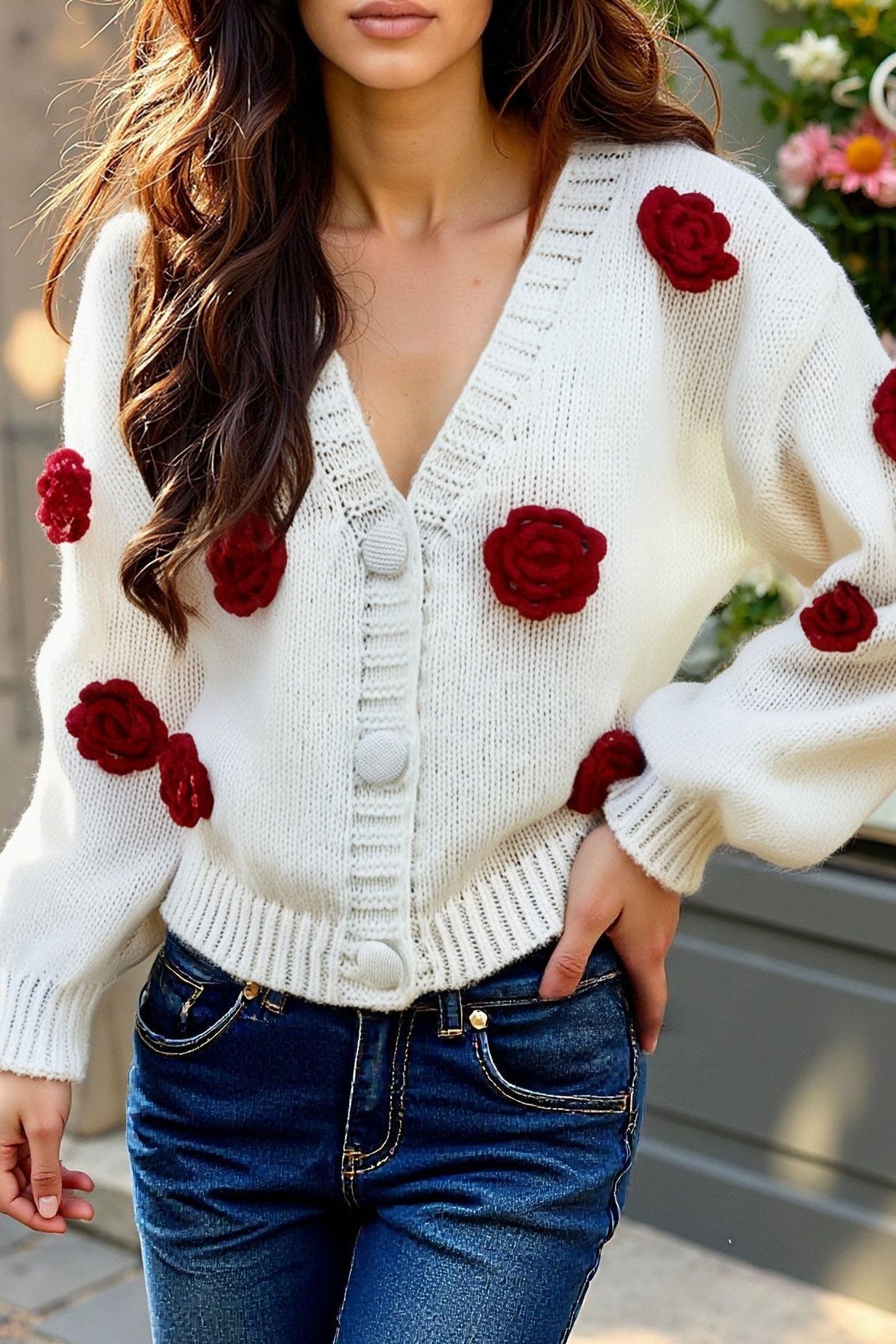 Floral 3D V Neck Knit Sweater