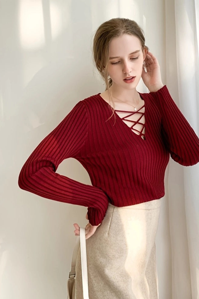 Slim Lace Up V Neck Sweater