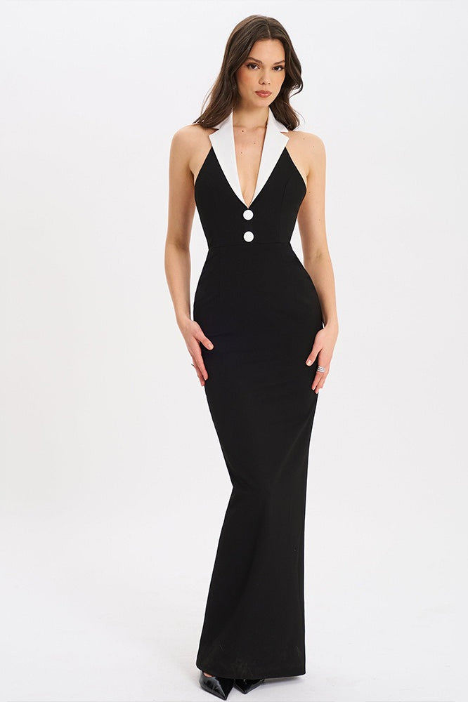Collared Open Back Split Maxi Dress