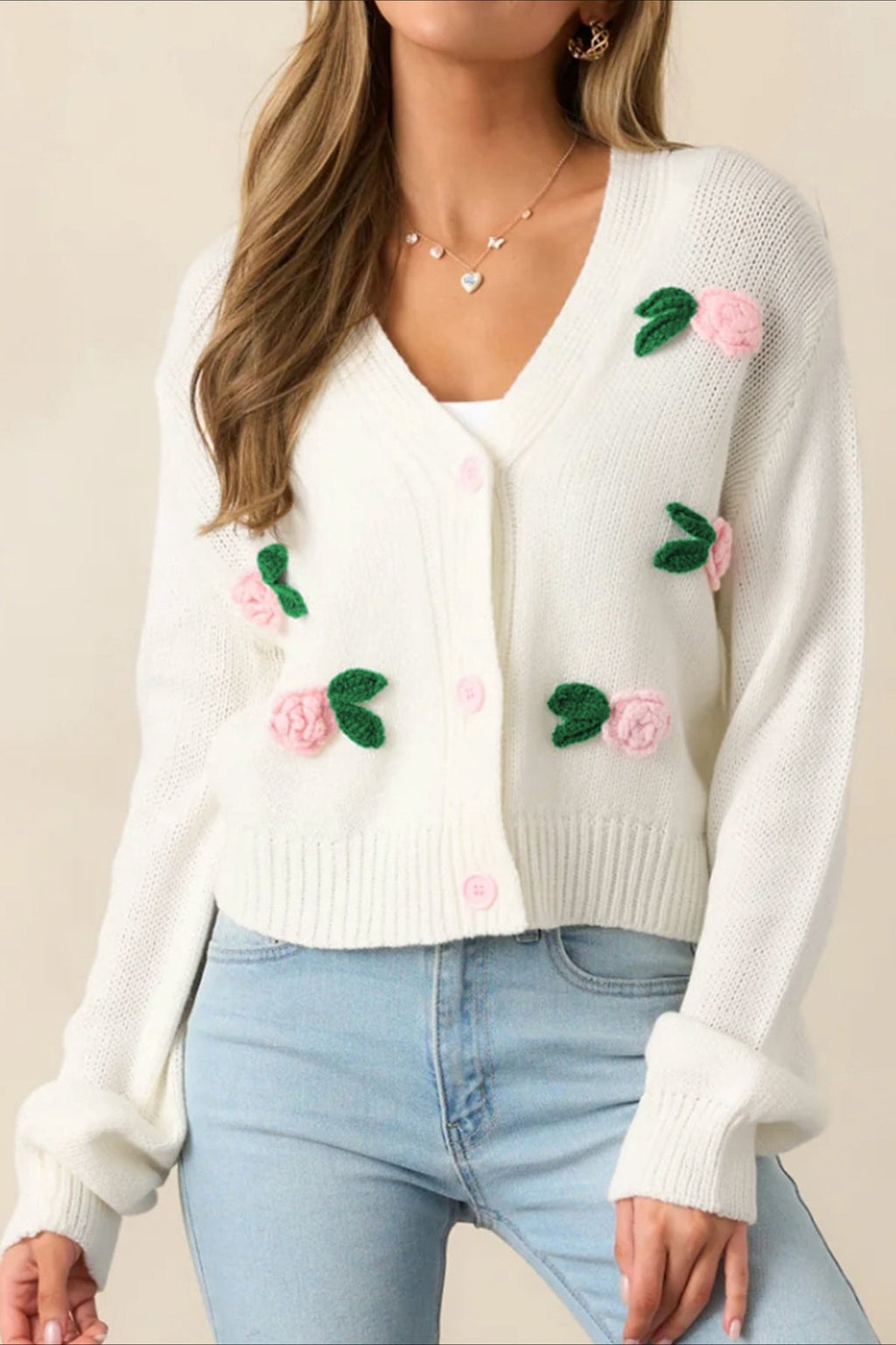 3D Floral Buttoned Knit Cardigan
