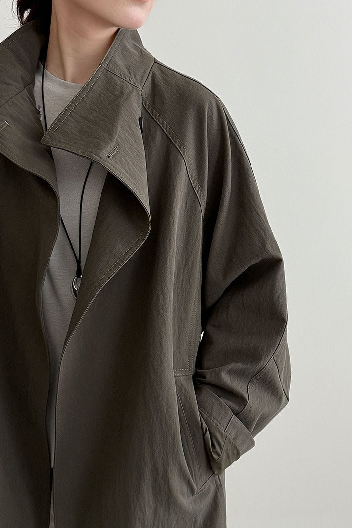 British Style Stand Collar Belted Mid Trench Coat