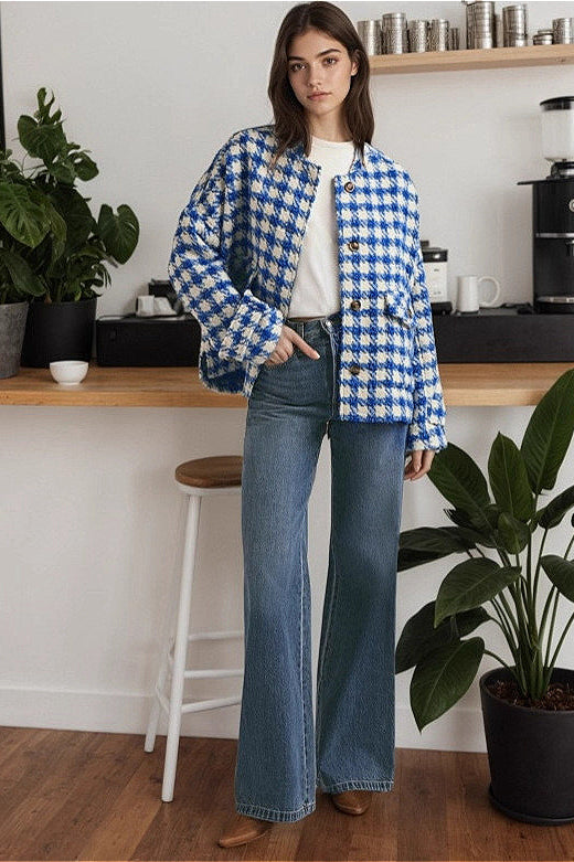 Short Houndstooth Chic Loose Casual Coat