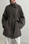 British Style Stand Collar Belted Mid Trench Coat