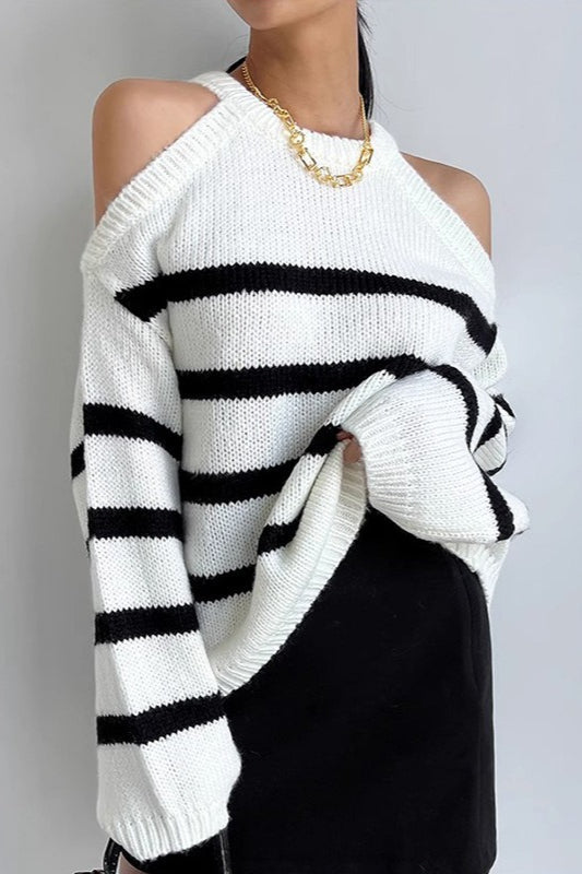 Striped Cutout Shoulder Sweater