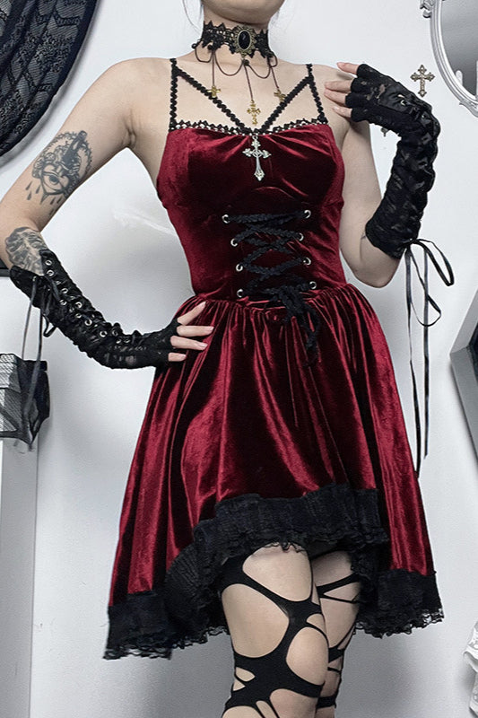 Velvet Tie Waist Gothic Dress