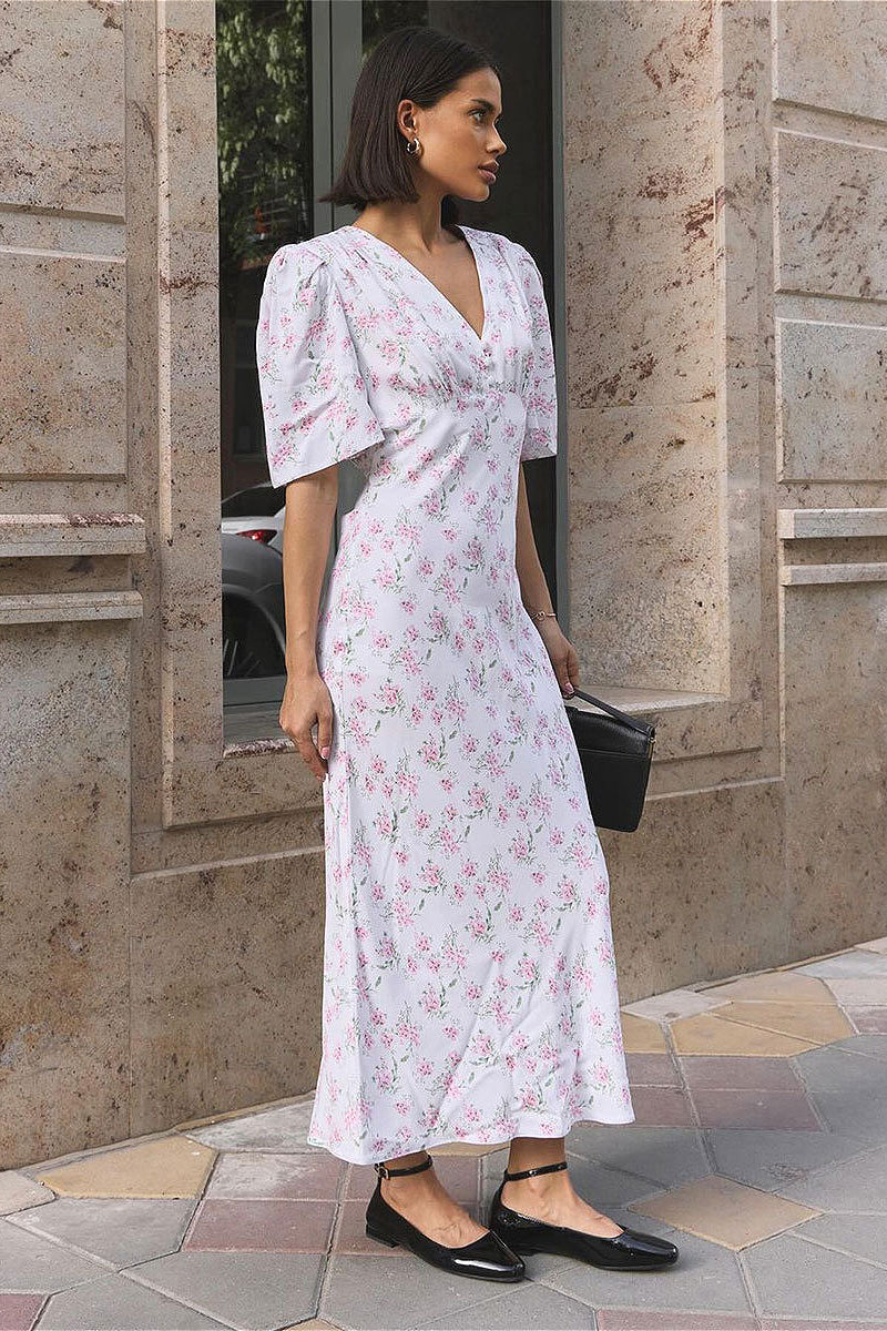 V Neck High Waist Short Sleeve Floral Dress