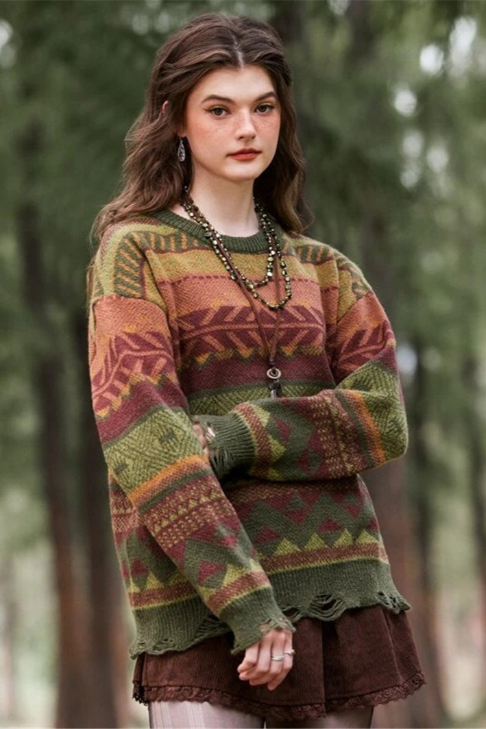 Distressed Geometric Pattern Sweater
