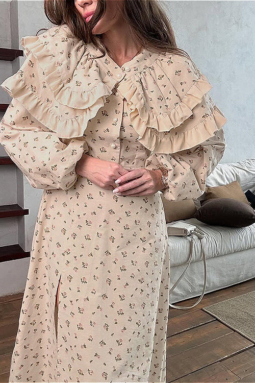 Puff Sleeve V Neck Ruffled Belted Split Floral Dress