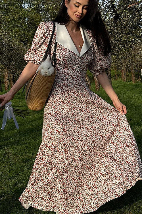Puff Sleeve Printed Peter Pan Collar Maxi Floral Dress