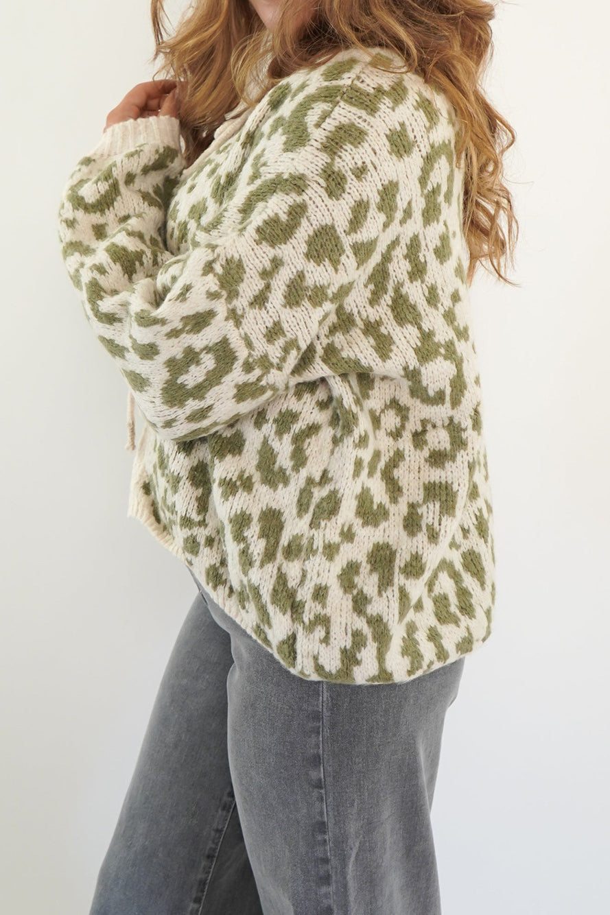Animal Print Front-Tie Knit Cardigan