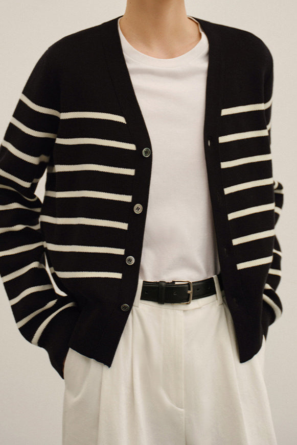 Striped V-Neck Colorblock Cardigan