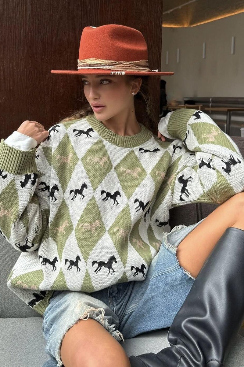 Relaxed Horse Graphic Pullover Sweater