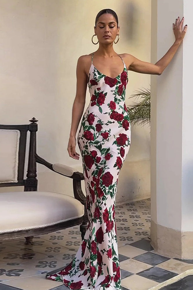 Floral Deep V Open Back Maxi Dress