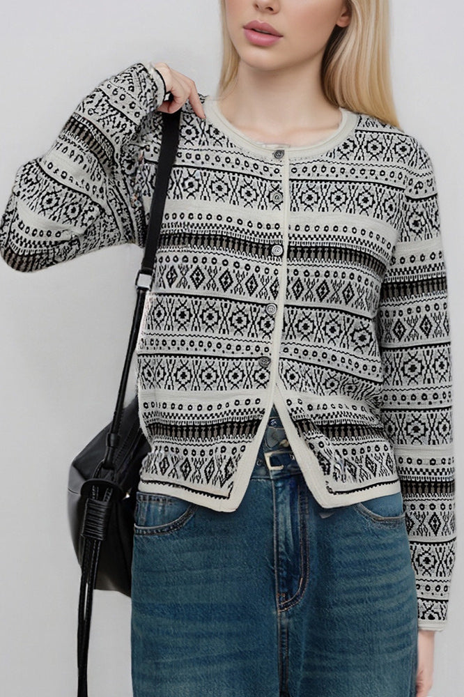 Retro Jacquard Crew-Neck Knit Cardigan