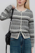 Retro Jacquard Crew-Neck Knit Cardigan