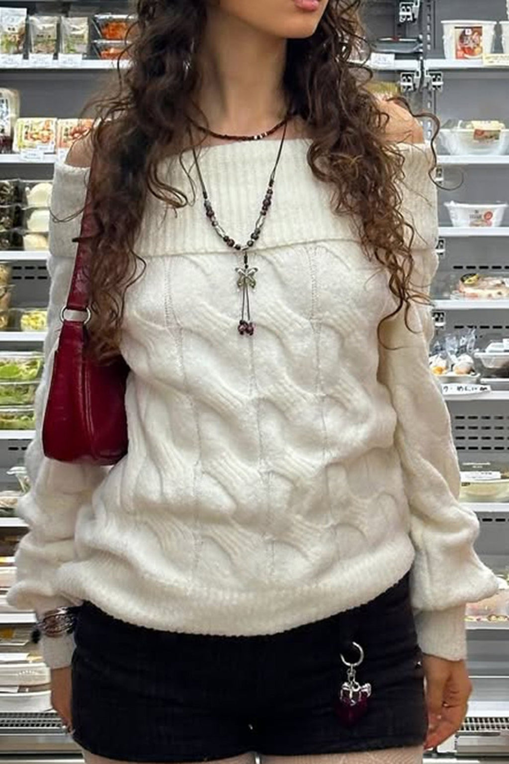 Ribbed Off Shoulder Slim Sweater