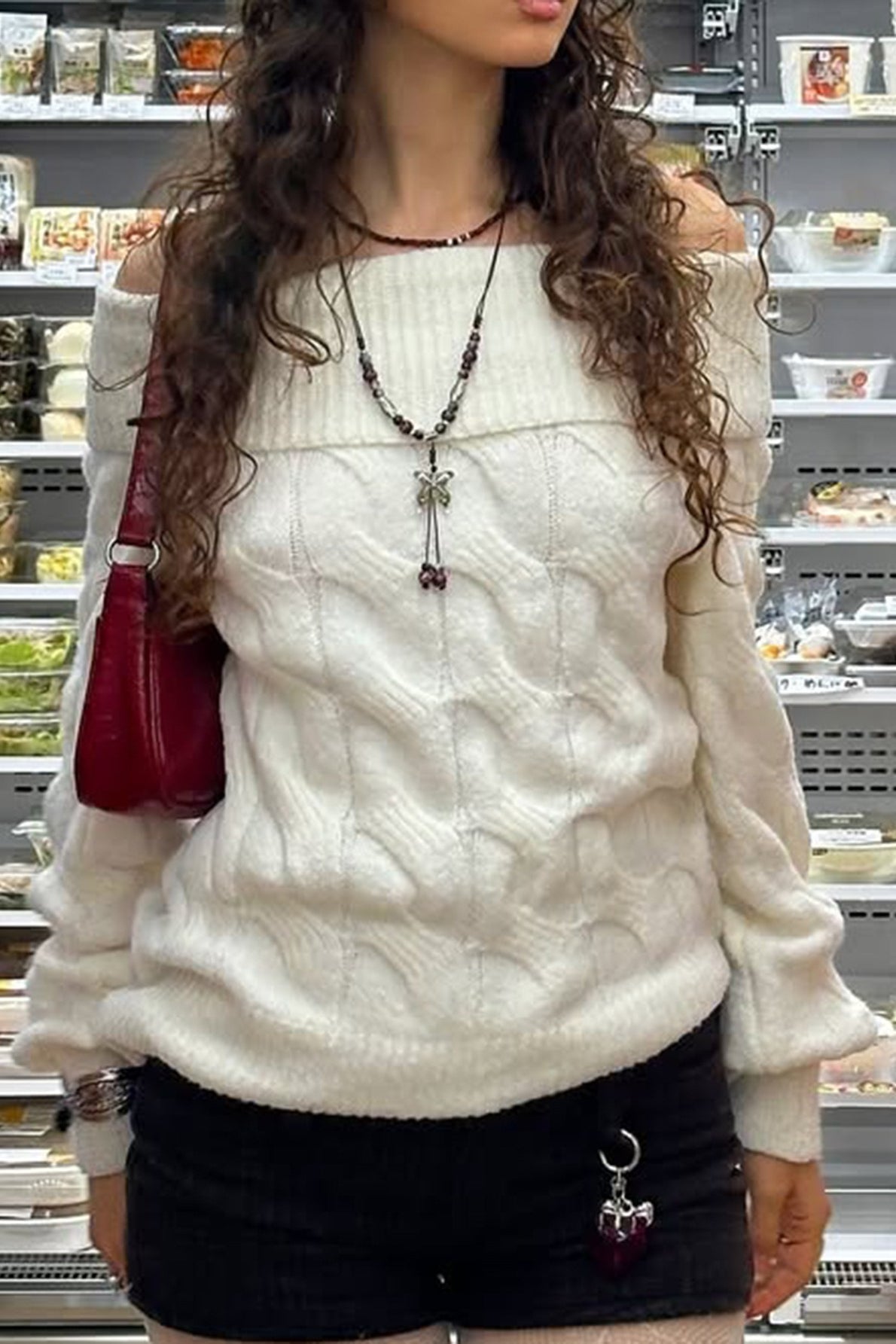 Ribbed Off Shoulder Slim Sweater