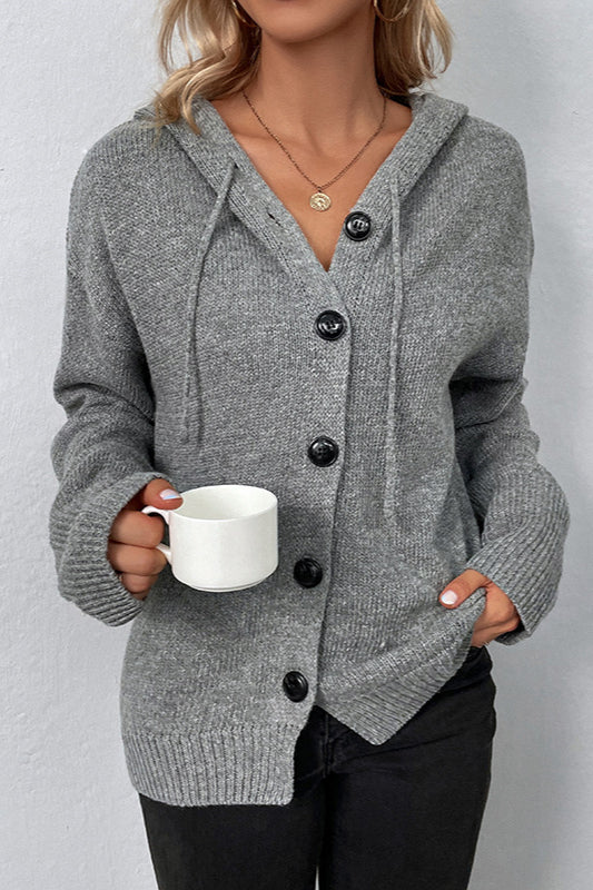 Simple Hooded Button Drawstring Knit Cardigan