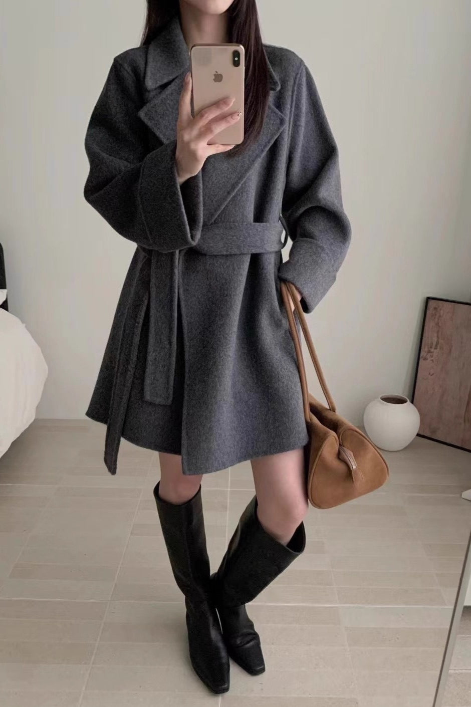 Robe Style Double-Faced Wool Long Coat