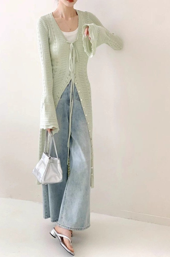 Light Green V-Neck Lace-Up Midi Cardigan
