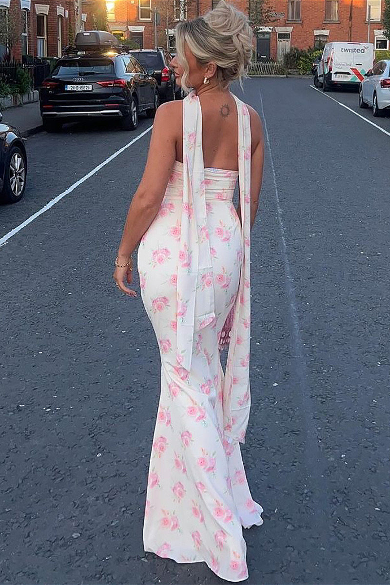 Strapless Backless Slim Printed Floral Dress