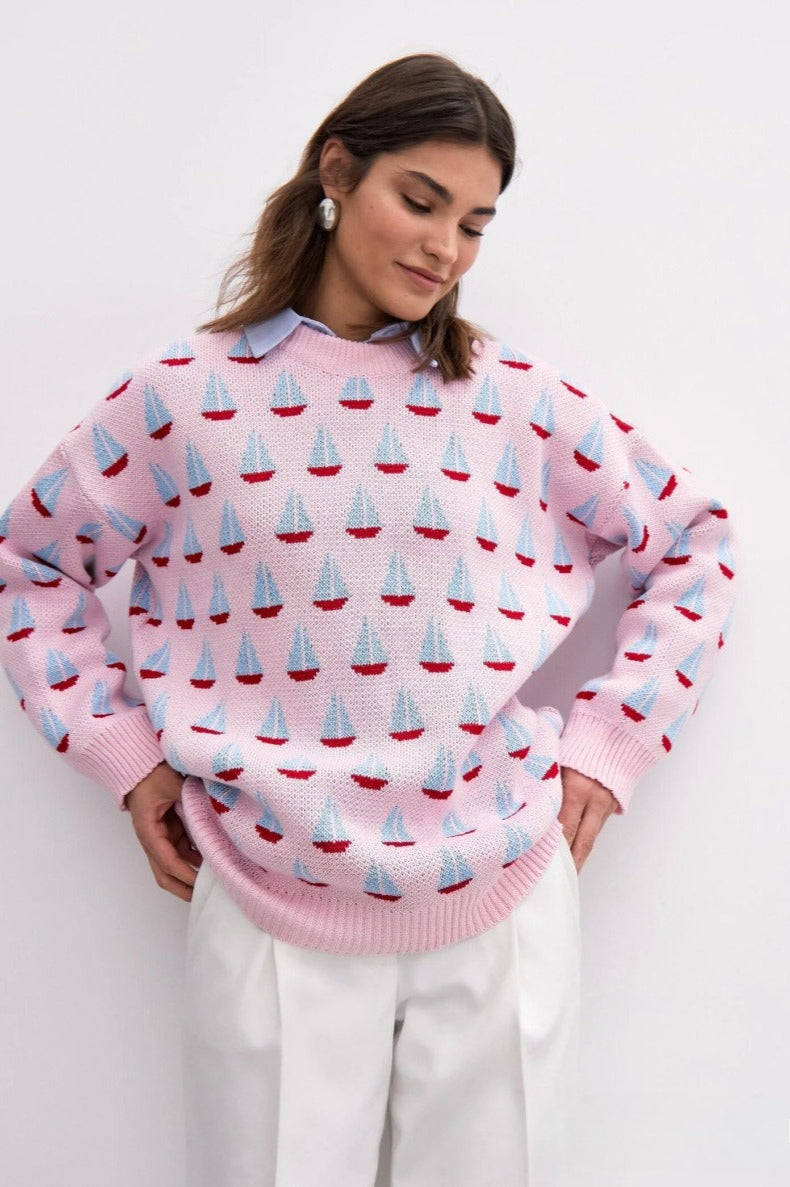Relaxed Sailboat Pattern Pullover Sweater