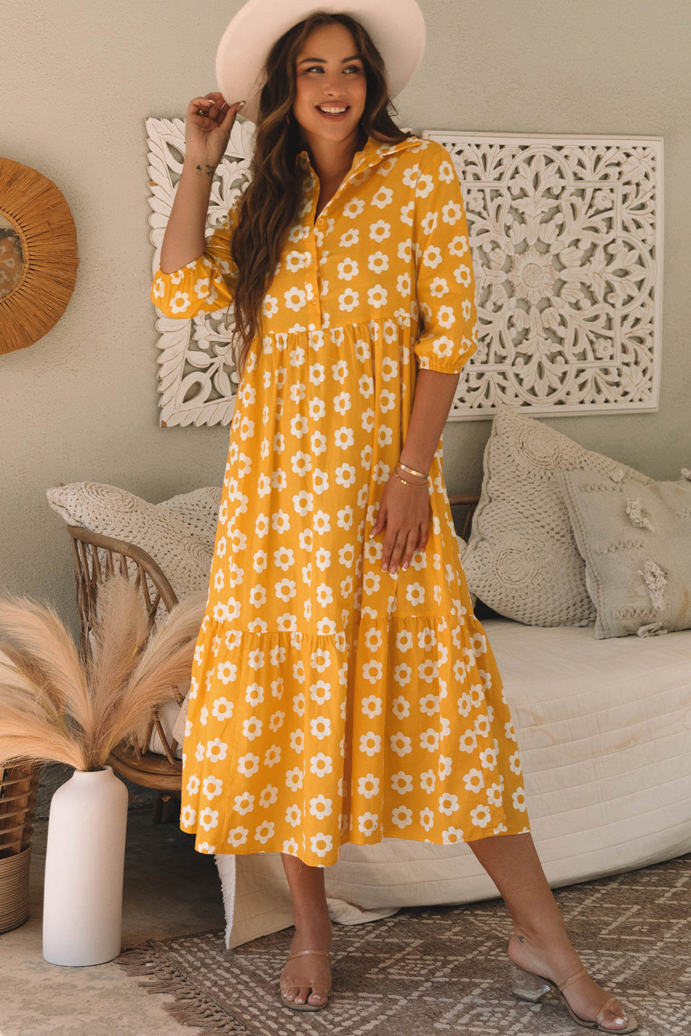 Yellow Flower Print Bracelet Sleeve Collared Maxi Dress