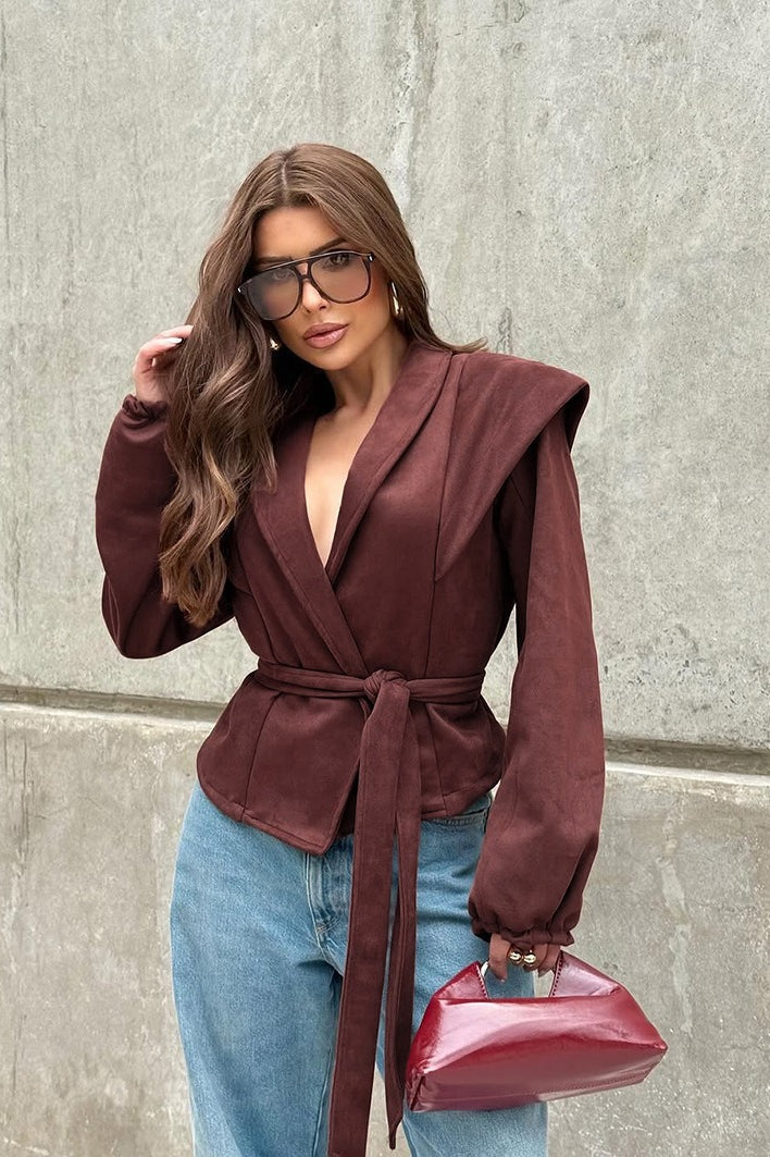 Retro Wine Red Suede Tie-Waist V-Neck Coat