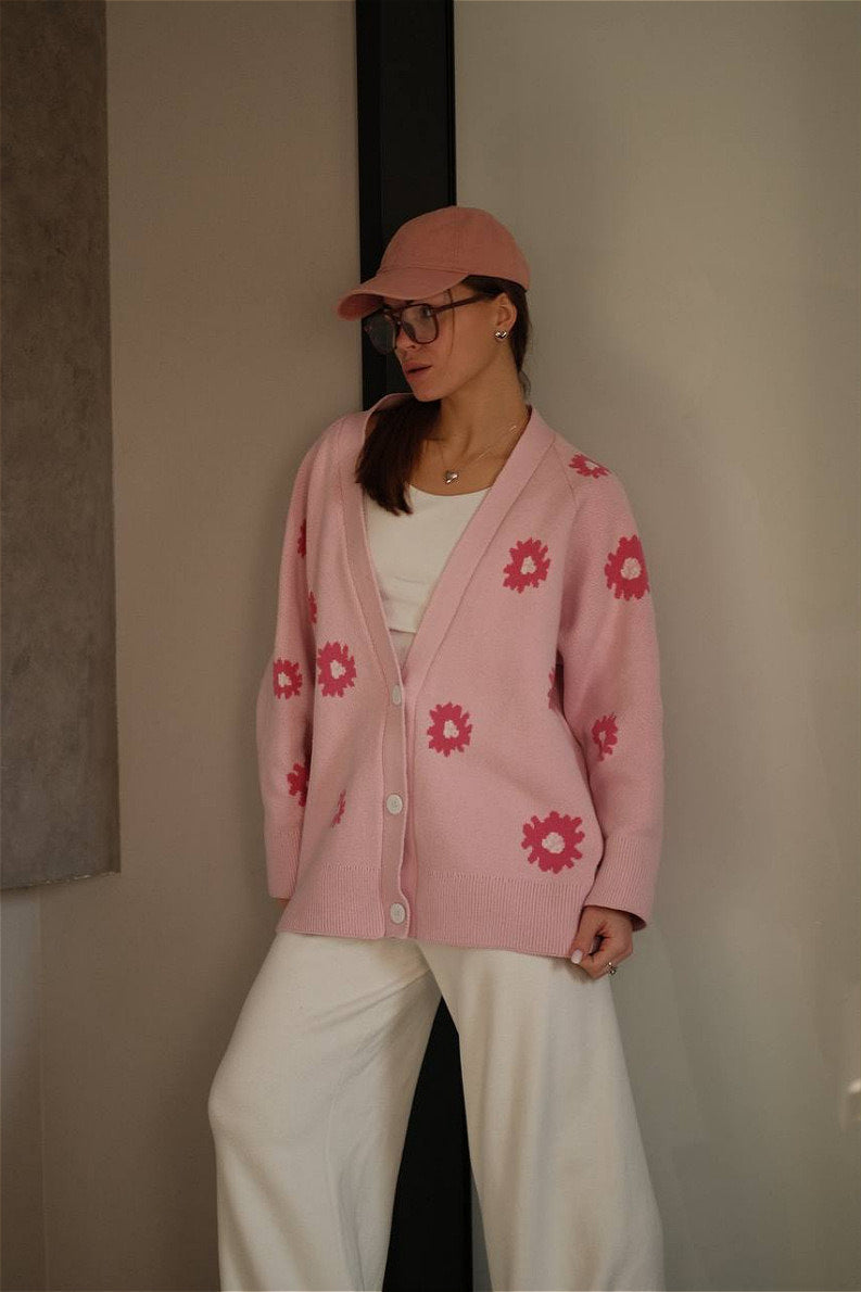 Fluffy Daisy Jacquard V-Neck Cardigan